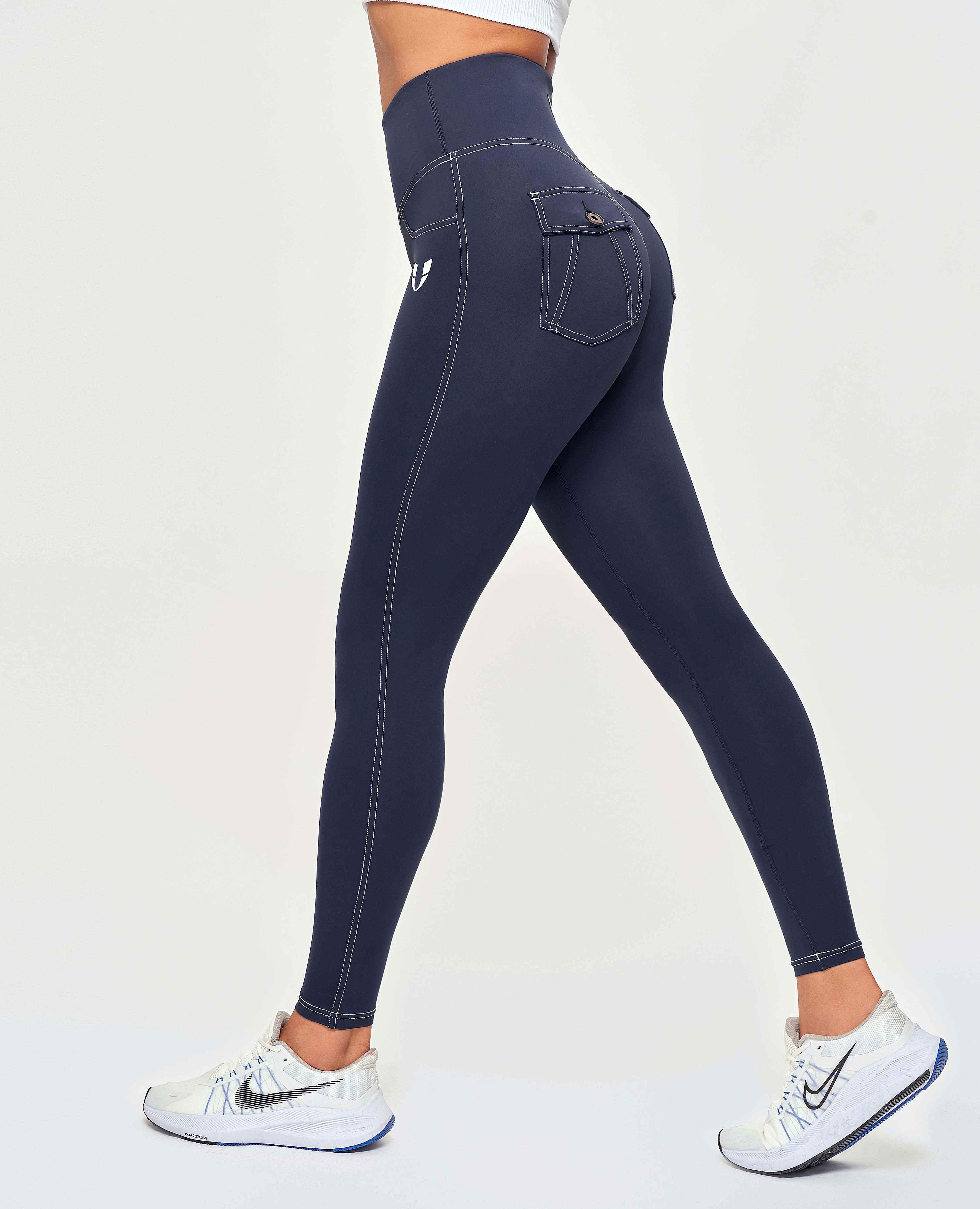 Contrast Stitching High-Waisted Leggings - Navy Blue